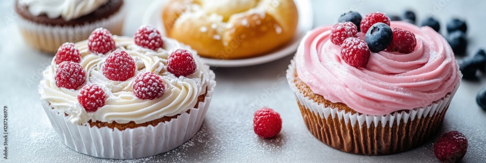 Poster freshly baked cupcakes decorated with berries and icing on a table in a cozy kitchen setting. genera