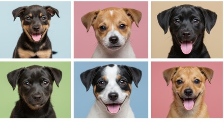 Adorable puppies with playful expressions on colorful backgrounds