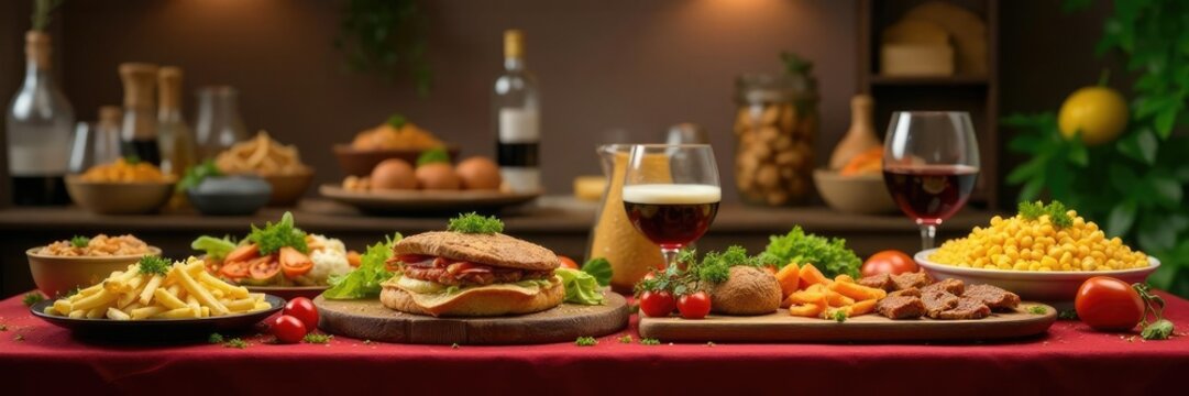 Mesa de banquete con diferentes tipos de comida, alimentos, panes