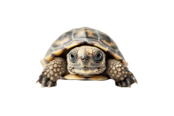 Fototapeta premium Close up view of a small animal isolated on a transparent background showing its head shell eyes and textured skin in detail. The animal is looking directly at the camera. The background is removed