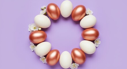 Pastel easter egg arrangement on lilac background with blossoms