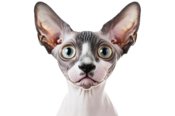 Close-up portrait of an animal with wide blue eyes and pink skin features on a transparent background. It has a surprised or curious expression