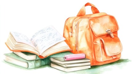 Open Book, Backpack, and Books on Grassy Ground