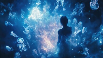 Enigmatic Silhouette Amidst Bioluminescent Jellyfish