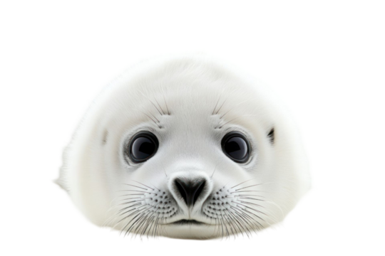 Close-up of a generic animal pup with big, dark eyes and a focused expression against a transparent background. The animal appears friendly