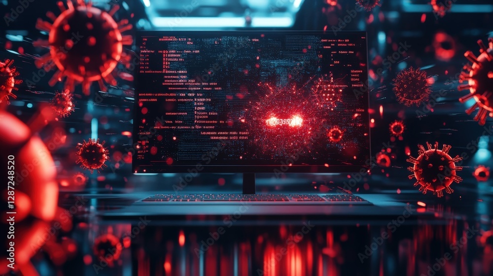 Poster computer monitor displaying infected code and surrounded by virus particles, representing a cyber at