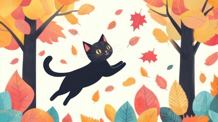 Fototapeta premium Black Cat Leaping Amidst Autumn Leaves