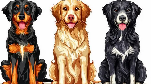 Three happy dogs sit side by side with cheerful expressions, showcasing different breeds and colors in a colorful illustration