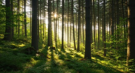 Obraz premium Sunlight streaming through lush forest trees creating a serene atmosphere