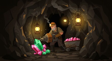 Miner in cave extracting colorful crystals with lanterns illuminating the scene