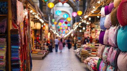 Vibrant istanbul bazaar scene with colorful textiles and lanterns