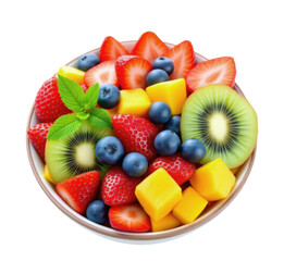 Obraz premium Refreshing Fruit Salad Bowl with Strawberries, Blueberries, Mango, and Kiwi, Bursting with Vibrant Colors and Freshness, Isolated on Transparent and White Background