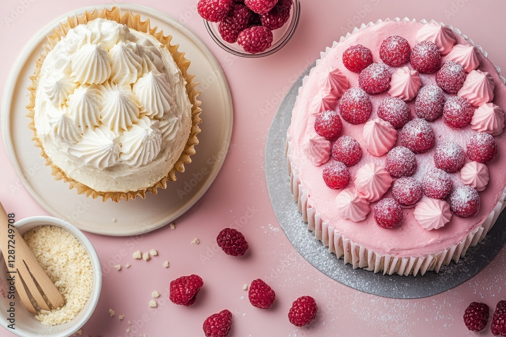 Poster delicious dessert display featuring two beautiful cakes topped with raspberries and cream on a pink 