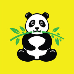 A panda bear eating a bamboo branch on a yellow background