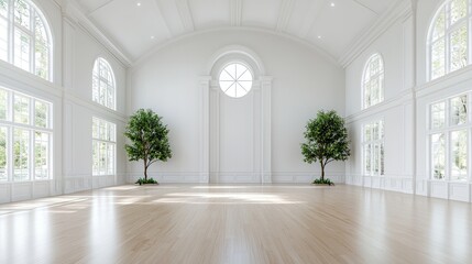 Empty White Grand Hall with Trees, Sunlight Streaming Through Large Windows