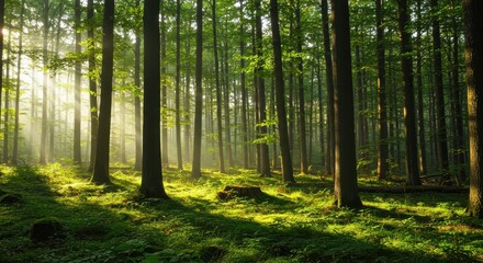 Fototapeta premium Serene forest landscape with sunlight filtering through trees in lush greenery