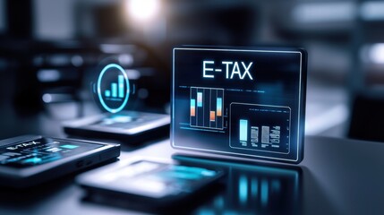 A futuristic digital display shows e-tax information with charts and graphs, representing modern financial technology.
