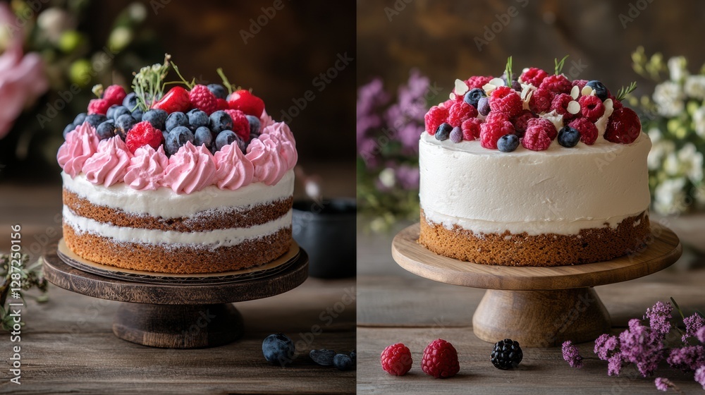 Poster Celebration cakes with fresh berries displayed on wooden stands in a rustic setting during daylight. Generative AI