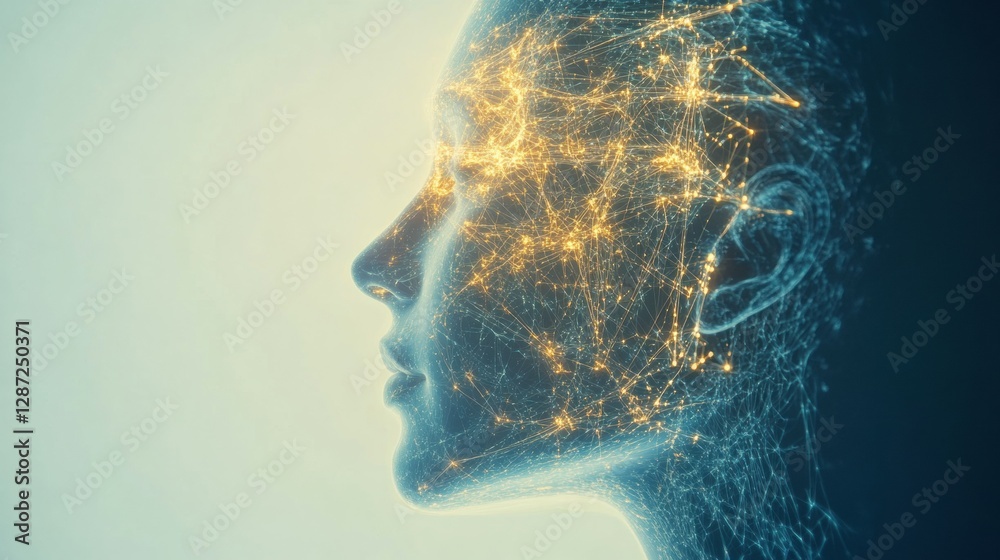 Poster human head profile showcasing complex neural connections and glowing synapses illustrating artificia