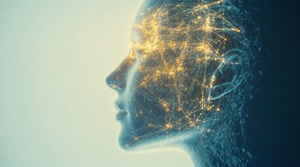 Human head profile showcasing complex neural connections and glowing synapses illustrating artificial intelligence concepts. Generative AI