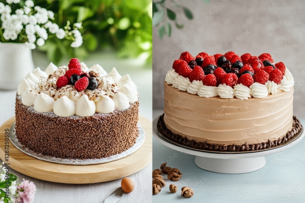 Poster Two delicious cakes with fresh berries on display in a bright setting with greenery and flowers. Generative AI