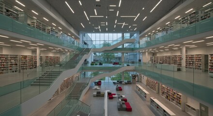 Naklejka premium Modern library interior with glass railings and open layout design