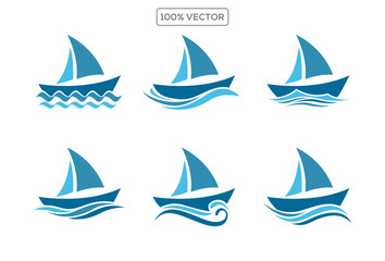 Sea sailing boat in the blue ocean. Marine ship with sail in sea waves icon collection. Vector illustration.