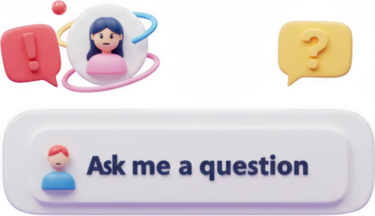 3D Illustration Ask Me a Question Button with Female Avatar and Chat Bubbles