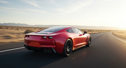 Red sports car cruising on desert highway at sunset