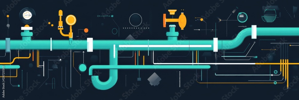 Poster visual representation of gas pipeline infrastructure and flow dynamics in a minimalist style. genera
