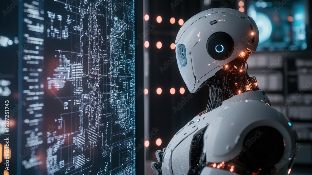 Poster in a technologically advanced environment, a sophisticated robot examines complex code displayed on 