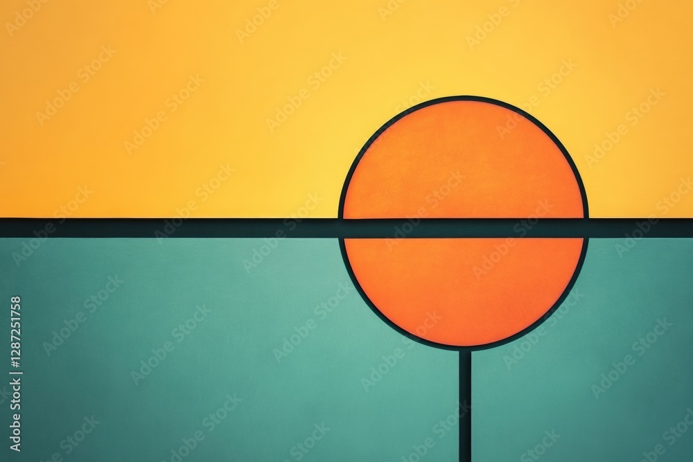 Poster Modern geometric art featuring a large orange circle against a blue and yellow background in a minimalist style. Generative AI