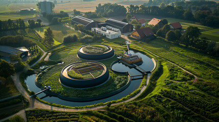 A high-tech biogas refinery with interconnected pipelines, efficiently converting waste into bioenergy for sustainable power use.