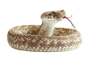 Coiled reptile with tongue extended isolated on transparent background shows detailed textures and patterns in its scales. The reptile's head is in focus with an eye and tongue details