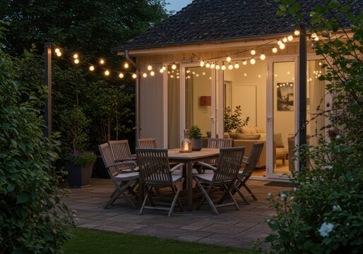 Cozy evening patio with string lights and wooden furniture for relaxed outdoor gatherings
