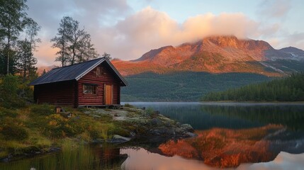 Fototapeta premium Sunrise over Mountain Lake Cabin: Serene nature landscape photography.