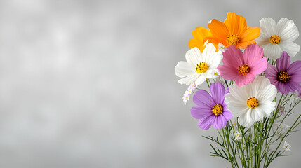 Fototapeta premium Colorful cosmos flowers arranged on the right side against a soft grey bokeh background with copy space.