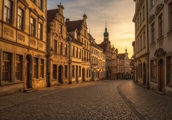 Fototapeta premium Historic european street at sunset with cobblestone path and traditional architecture