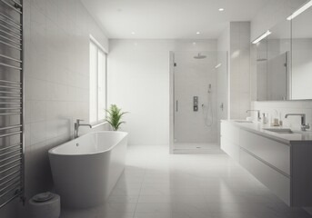 Modern minimalist bathroom with freestanding tub and glass shower enclosure