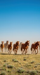 Fototapeta premium Majestic herd of horses galloping across open grassland under clear blue sky