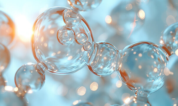Transparent gel spheres. Skincare or cosmetic ingredients like hyaluronic acid, coenzyme Q10, or encapsulated active compounds. Abstract scientific background for beauty, dermatology