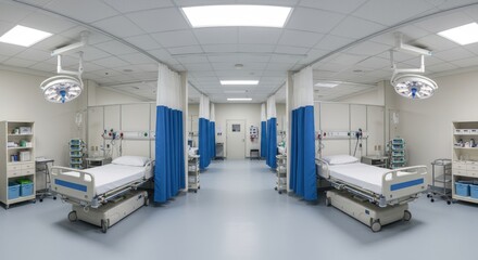 Modern hospital ward with empty hospital beds and medical equipment in bright clean room