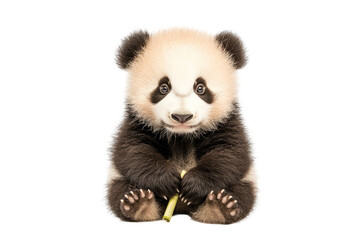 Obraz premium Isolated animal sitting upright holding bamboo stick with black and white fur and transparent background