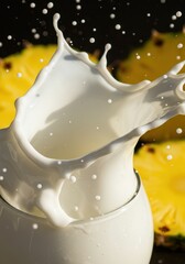 Splashing milk against vibrant pineapple slices in dynamic motion close-up