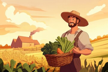 Farmer in straw hat carries basket of fresh vegetables with farm in warm sunset landscape