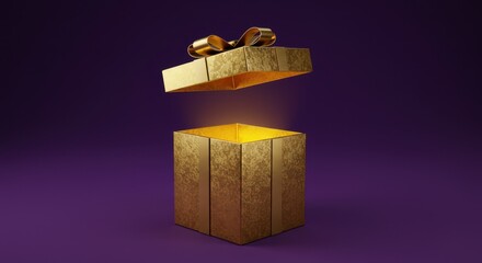 Golden gift box with floating lid on a purple background: open and glowing surprise