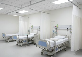 Modern hospital ward with empty beds and medical equipment for patient care