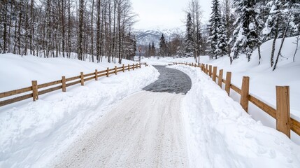 Snowy path winding through winter forest, tranquil scene