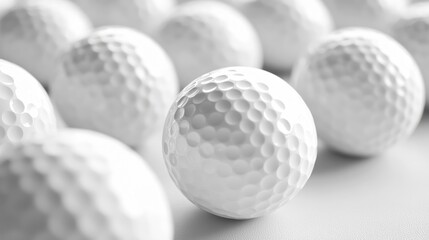 Close-up golf balls, studio, aligned, textured, white background, sport
