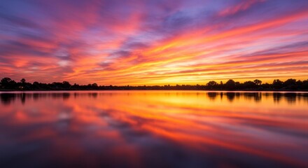 Stunning sunset reflection over calm lake with vibrant clouds and silhouette horizon
